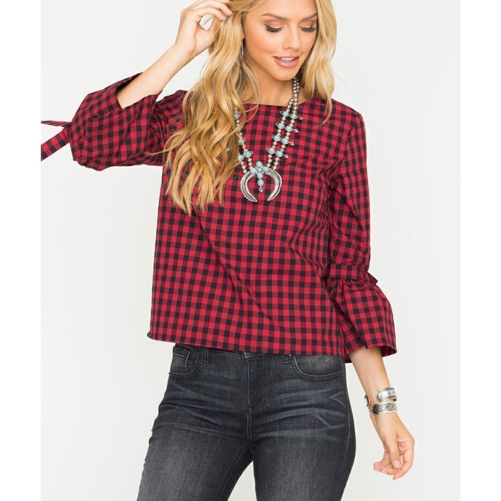 Jack by BB Dakota Ruby Red and Black Seen It All Gingham Plaid Bell Sleeve Top